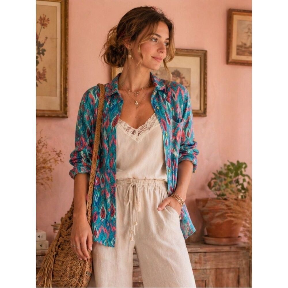 Anthropologie Savanna Jane Teal and Pink Button Down Shirt